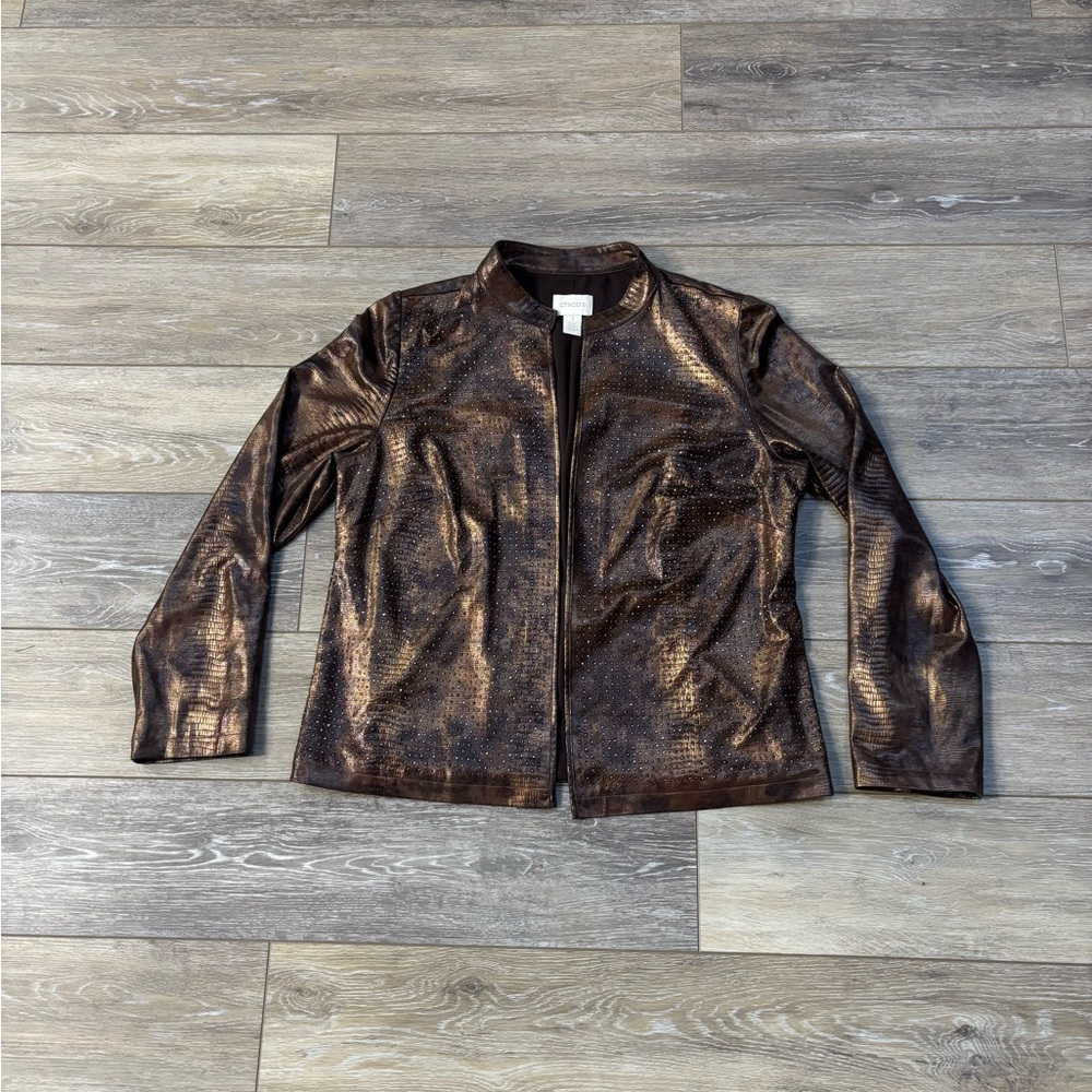 Chico's Jacket Sz M Open Brown Faux Leather Animal Print Boho Festival Mobwife